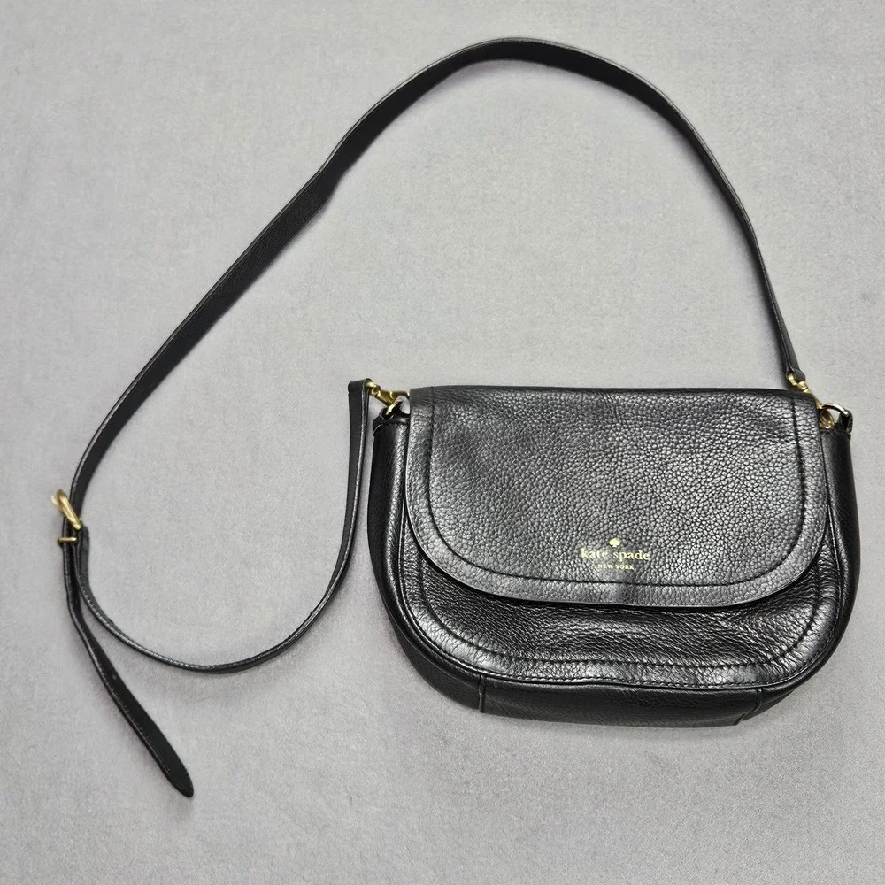 Kate Spade Black Pebbled Cow Leather Crossbody Flap Bag Gold Tone Hardware